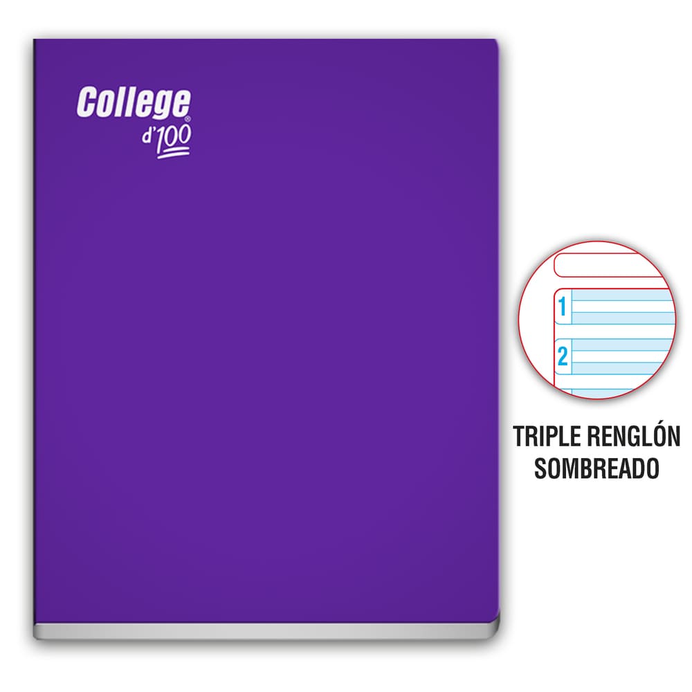 Cuaderno engrapado triple renglon A 4 100 hojas Morado College