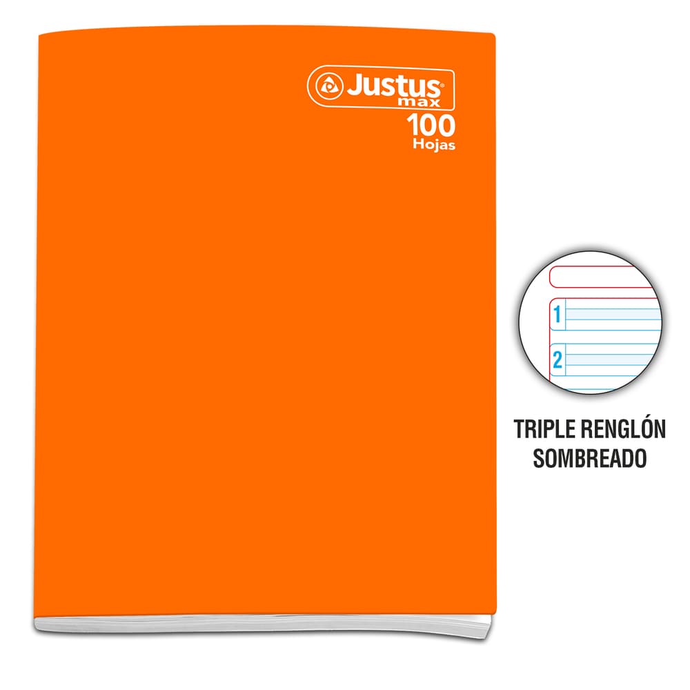 Cuaderno engrapado triple renglon A4 100 hojas con sombra Naranja Justus M