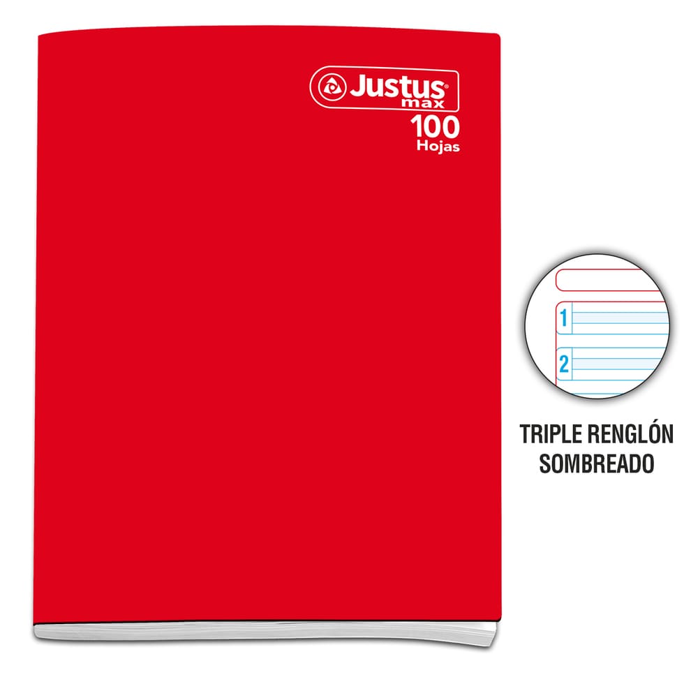 Cuaderno engrapado triple renglon A4 100 hojas con sombra Rojo Justus Max
