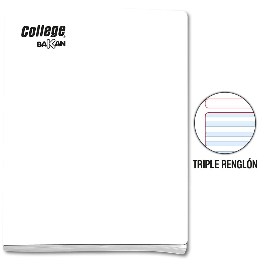 Cuaderno engrapado triple renglón blanco con sombra A4x80 hojas Bakan