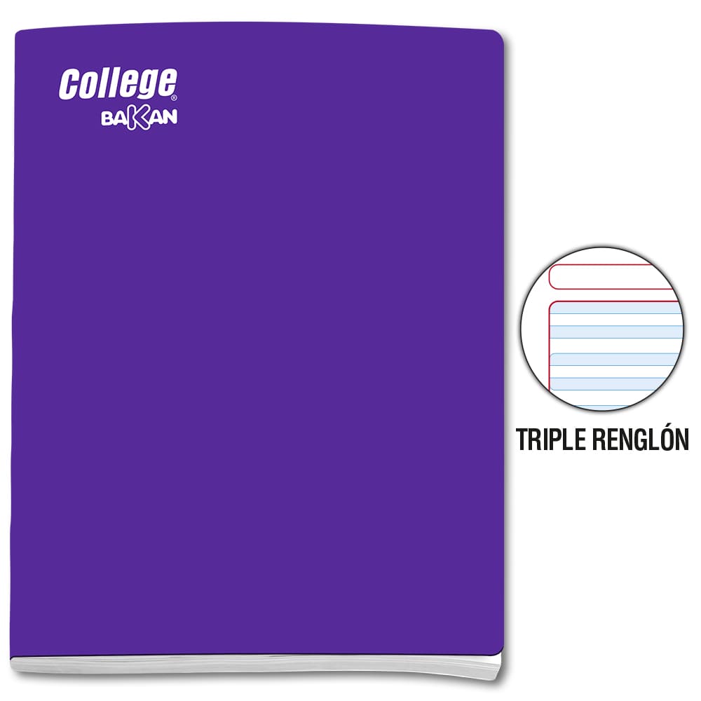 Cuaderno engrapado triple renglón morado con sombra A4x80 hojas Bakan