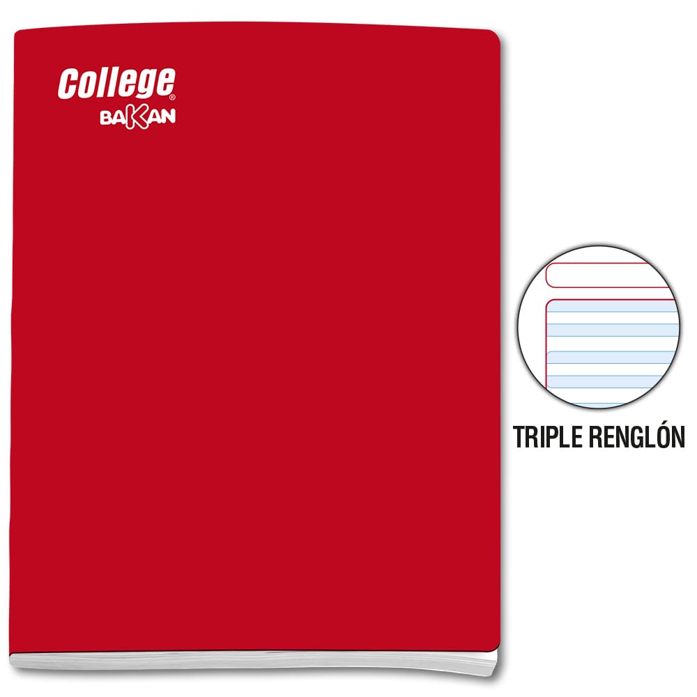Cuaderno engrapado triple renglón rojo con sombra A4x80 hojas Bakan