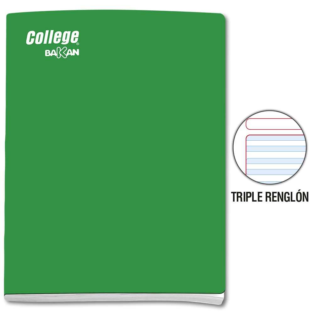Cuaderno engrapado triple renglón verde con sombra A4x80 hojas Bakan