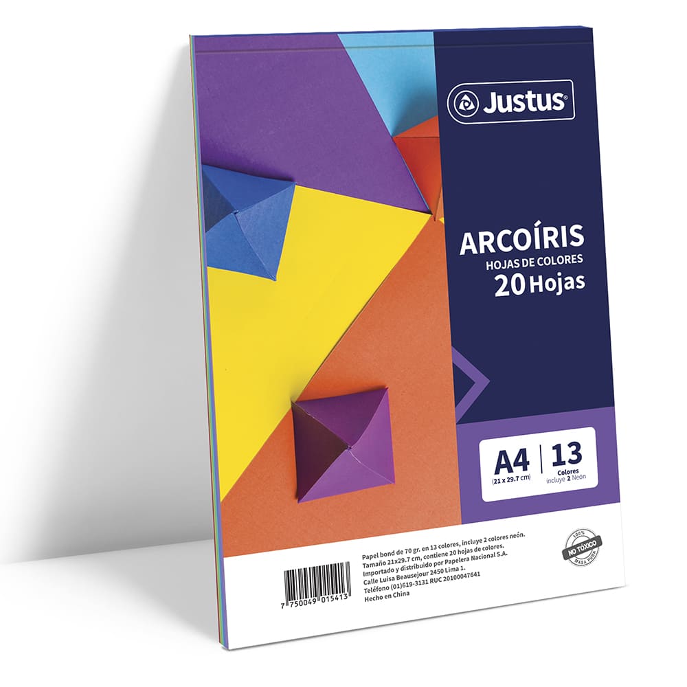 Block bond arcoíris A4 x 20 hojas 13 colores Justus