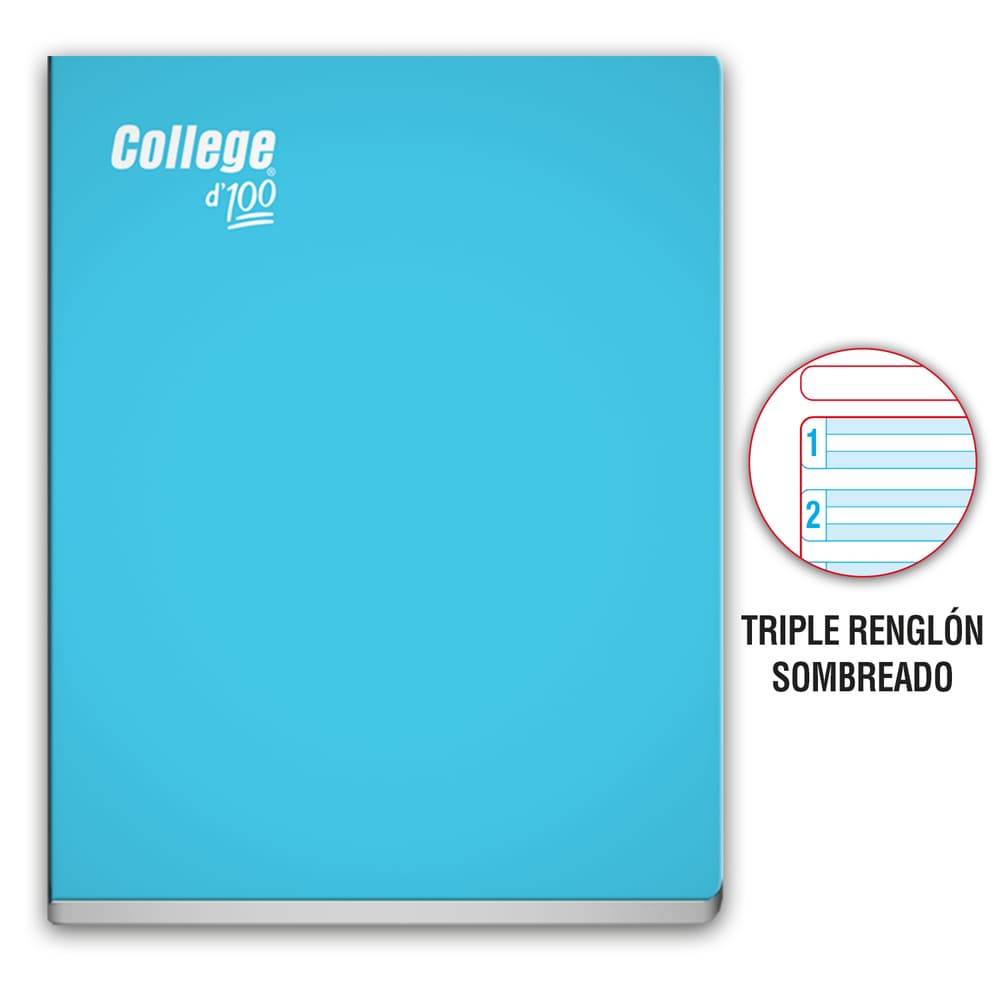 Cuaderno engrapado triple renglon A 4 100 hojas Celeste College
