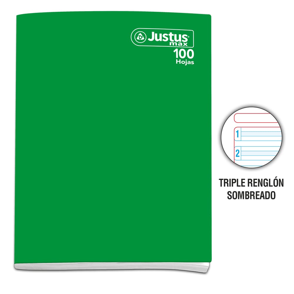 Cuaderno engrapado triple renglon A4 100 hojas con sombra Verde Justus