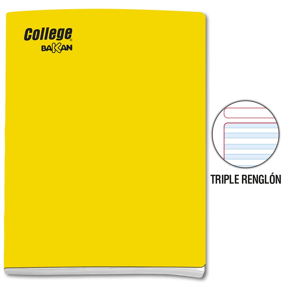 Cuaderno engrapado triple renglón amarillo con sombra A4x80 hojas Bakan