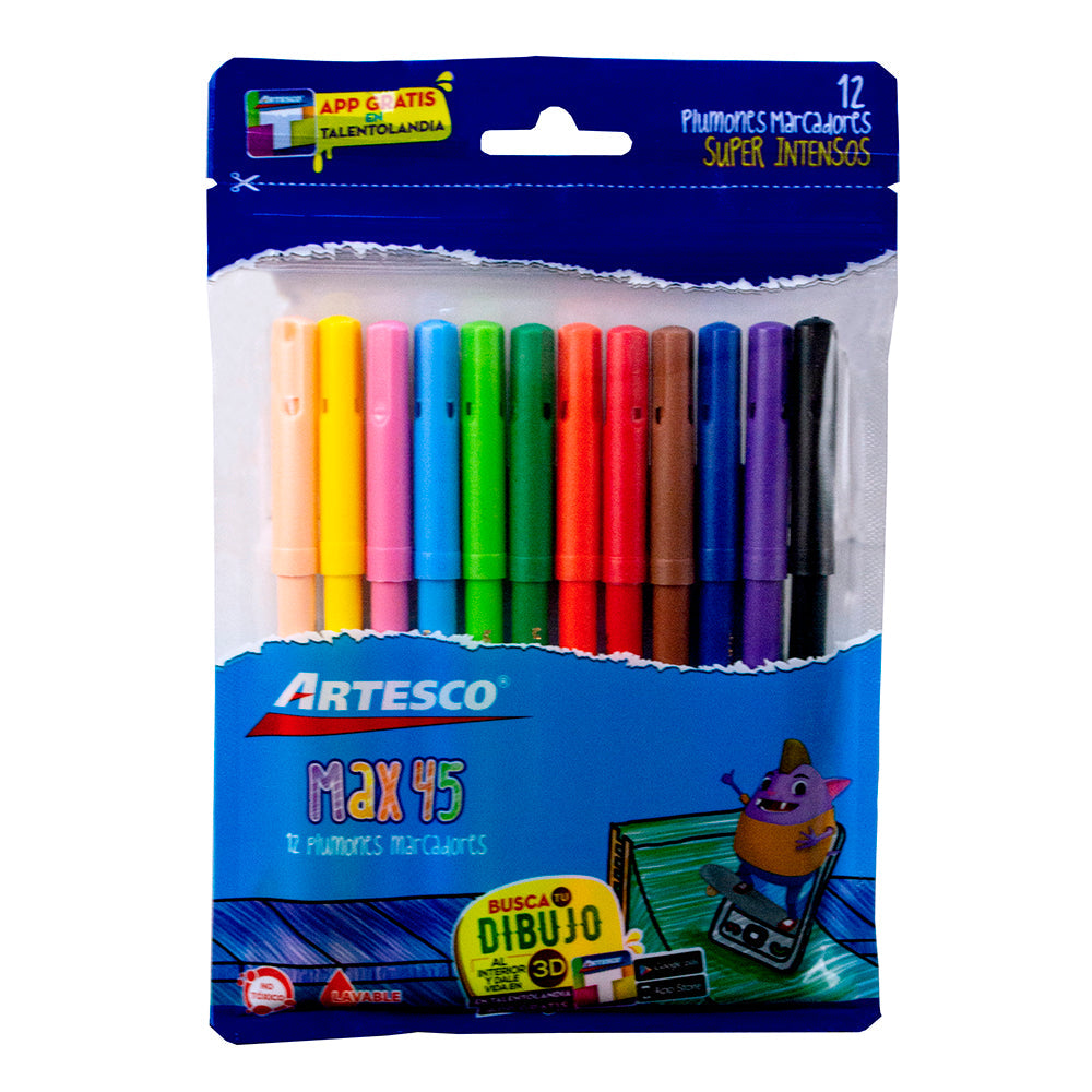 Plumones delgados max 45 estuche x 12 unidades Artesco